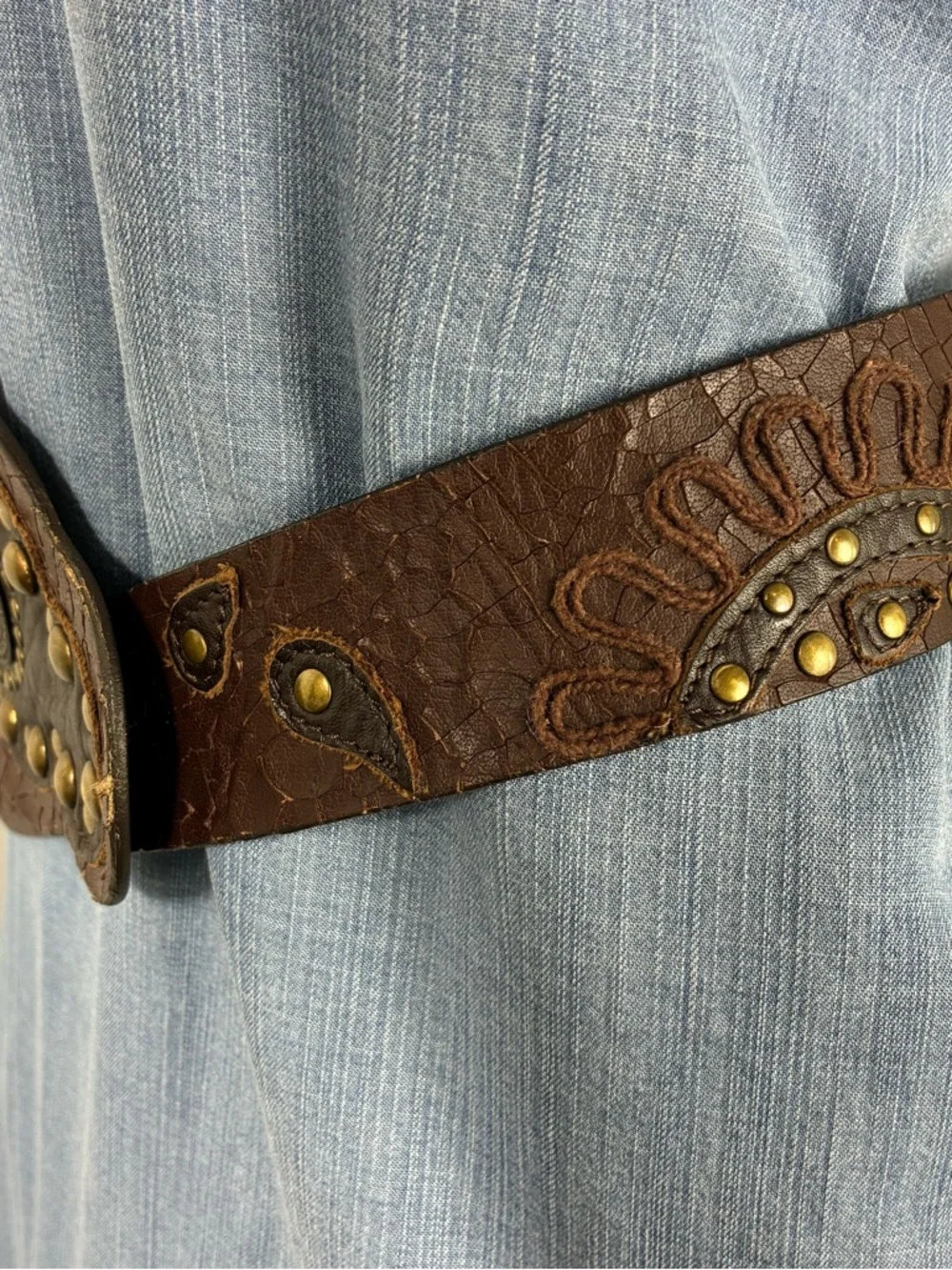 Chicos Womens belt Sz S Brown Genuine Leather Studded patchwork Brass Accents